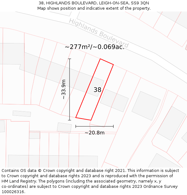 38, HIGHLANDS BOULEVARD, LEIGH-ON-SEA, SS9 3QN: Plot and title map