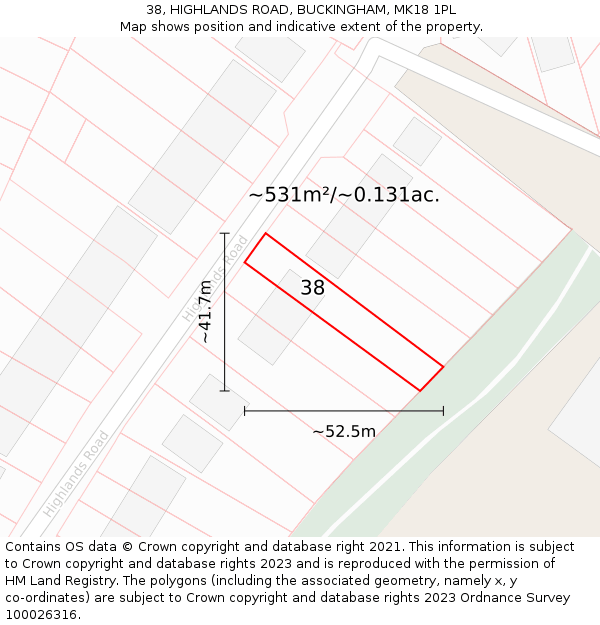38, HIGHLANDS ROAD, BUCKINGHAM, MK18 1PL: Plot and title map