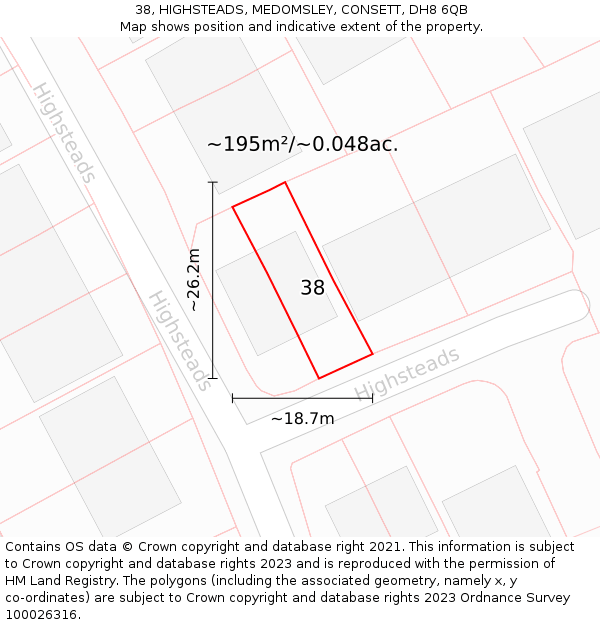 38, HIGHSTEADS, MEDOMSLEY, CONSETT, DH8 6QB: Plot and title map