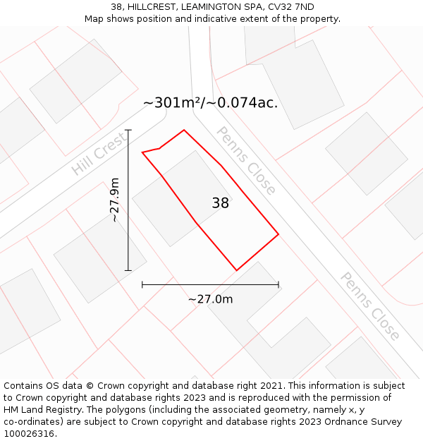 38, HILLCREST, LEAMINGTON SPA, CV32 7ND: Plot and title map