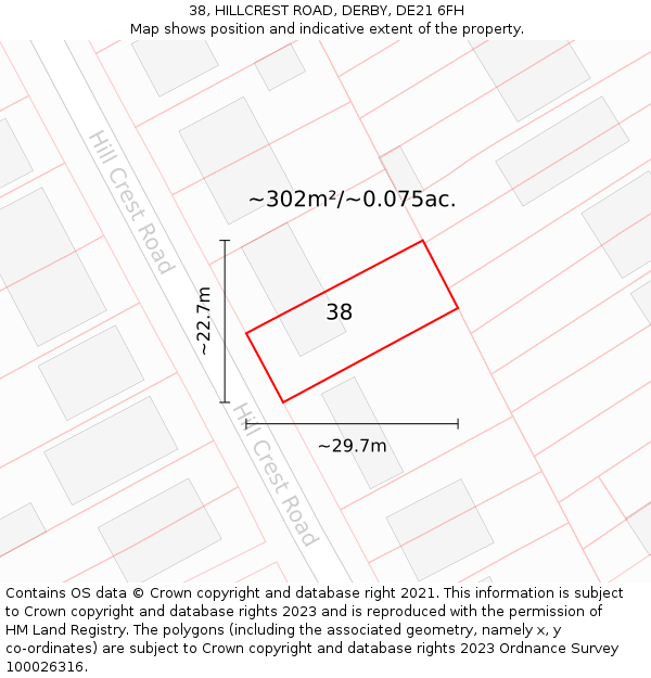 38, HILLCREST ROAD, DERBY, DE21 6FH: Plot and title map