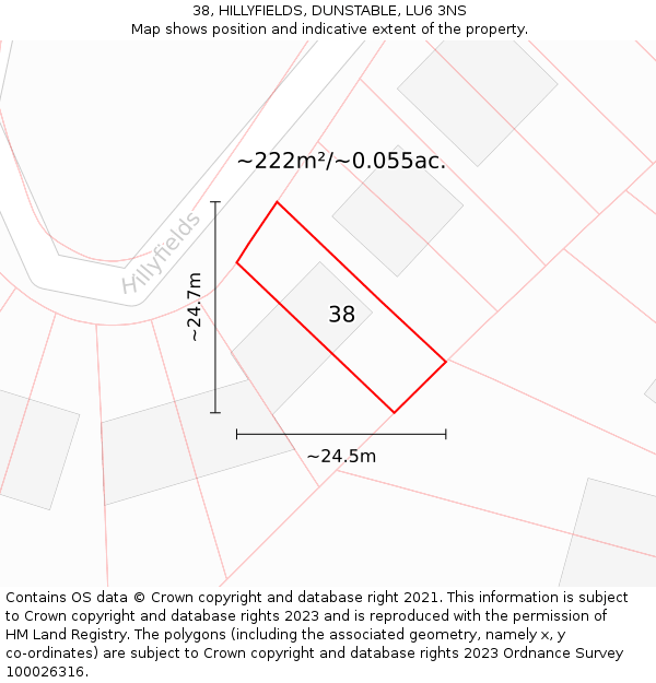38, HILLYFIELDS, DUNSTABLE, LU6 3NS: Plot and title map