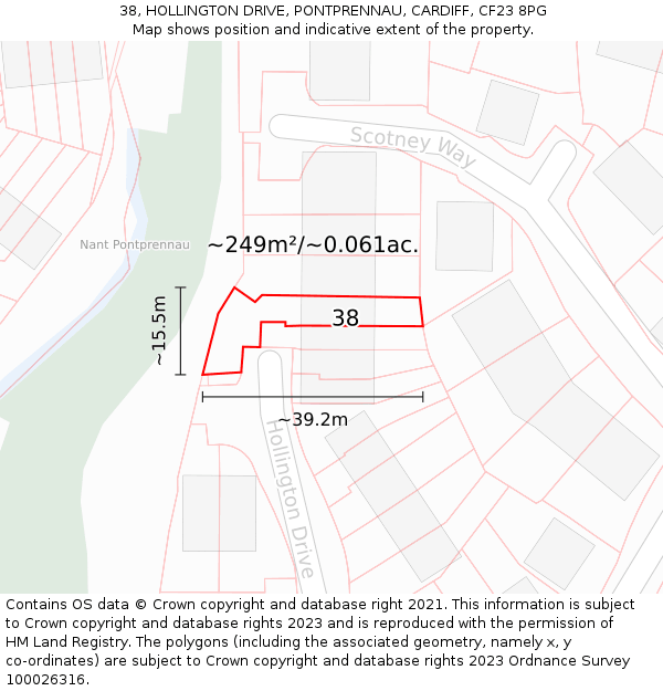 38, HOLLINGTON DRIVE, PONTPRENNAU, CARDIFF, CF23 8PG: Plot and title map