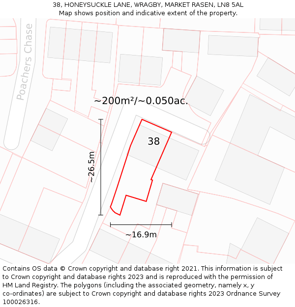 38, HONEYSUCKLE LANE, WRAGBY, MARKET RASEN, LN8 5AL: Plot and title map