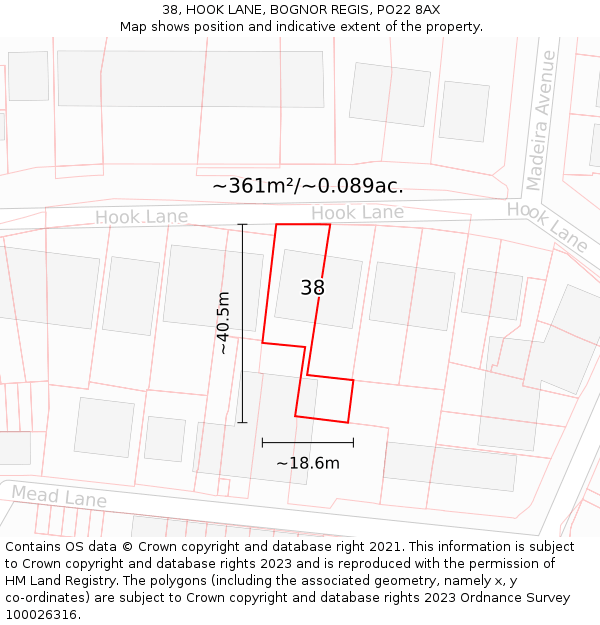 38, HOOK LANE, BOGNOR REGIS, PO22 8AX: Plot and title map