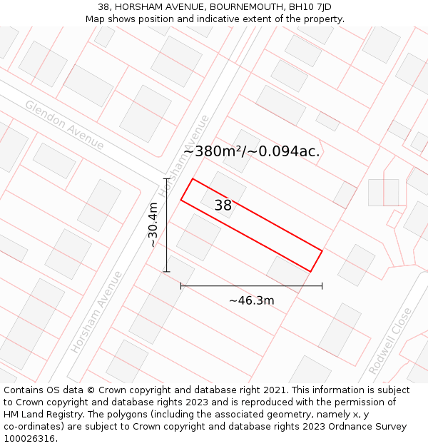 38, HORSHAM AVENUE, BOURNEMOUTH, BH10 7JD: Plot and title map