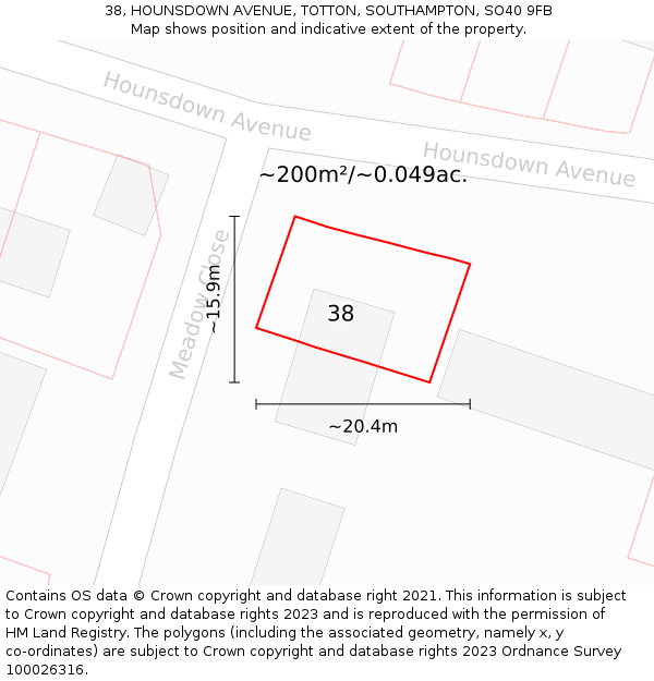 38, HOUNSDOWN AVENUE, TOTTON, SOUTHAMPTON, SO40 9FB: Plot and title map