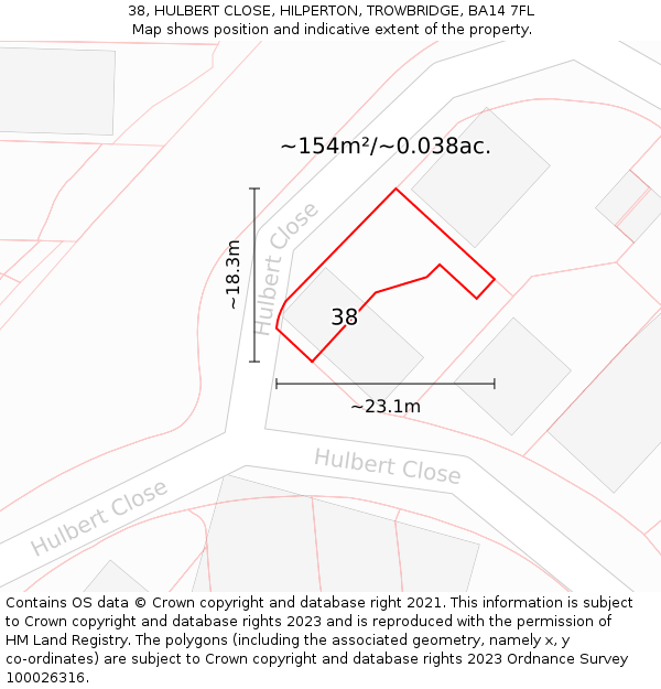 38, HULBERT CLOSE, HILPERTON, TROWBRIDGE, BA14 7FL: Plot and title map