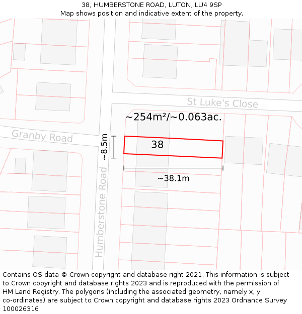 38, HUMBERSTONE ROAD, LUTON, LU4 9SP: Plot and title map