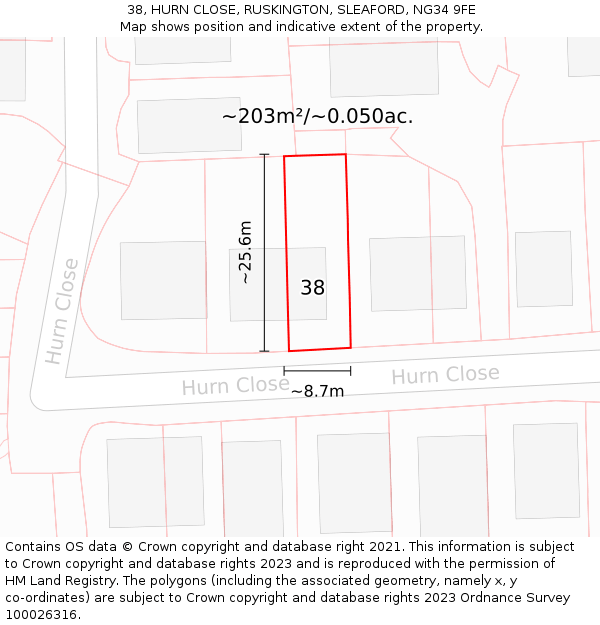 38, HURN CLOSE, RUSKINGTON, SLEAFORD, NG34 9FE: Plot and title map