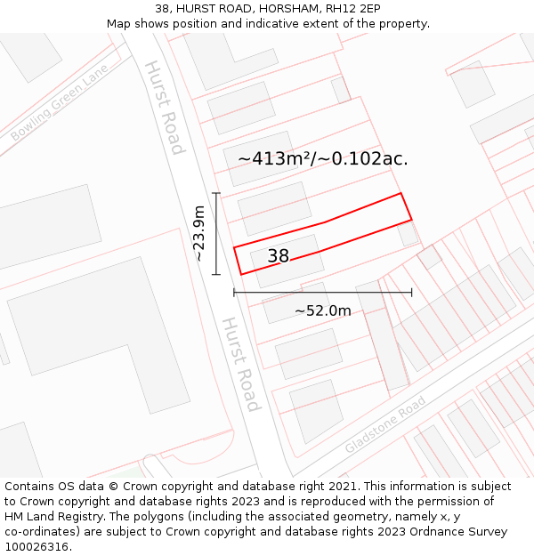 38, HURST ROAD, HORSHAM, RH12 2EP: Plot and title map