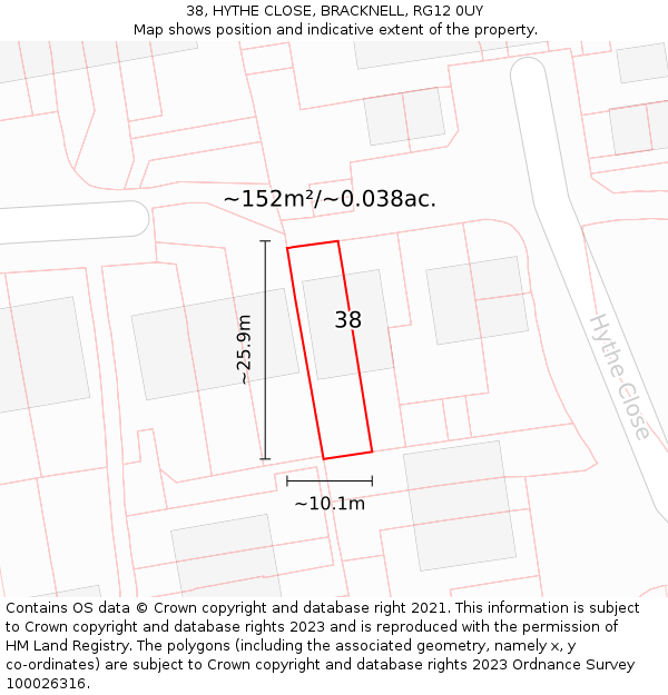 38, HYTHE CLOSE, BRACKNELL, RG12 0UY: Plot and title map