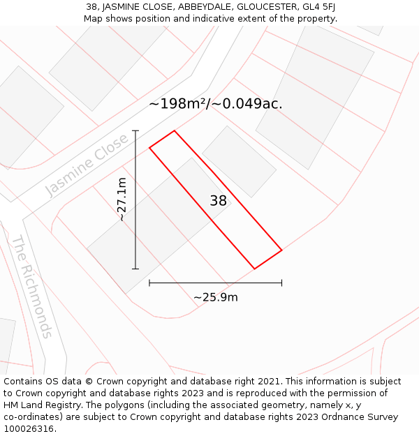 38, JASMINE CLOSE, ABBEYDALE, GLOUCESTER, GL4 5FJ: Plot and title map