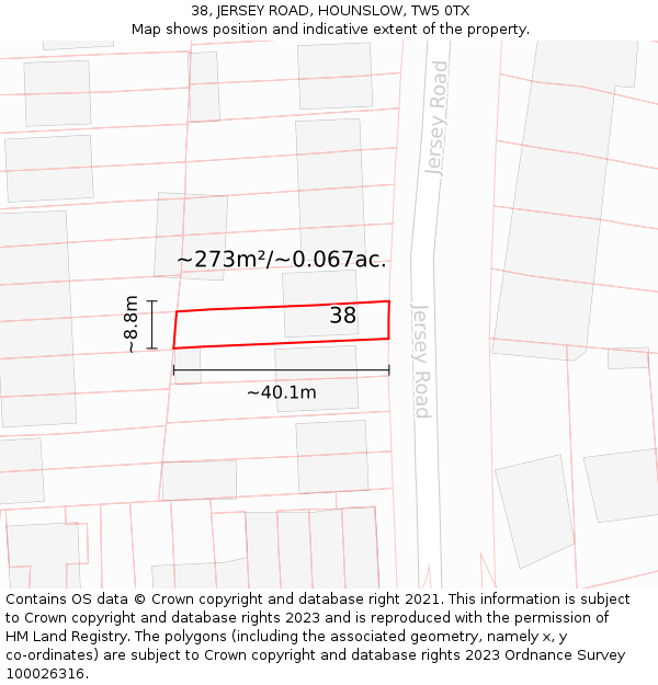 38, JERSEY ROAD, HOUNSLOW, TW5 0TX: Plot and title map
