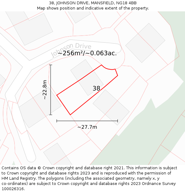 38, JOHNSON DRIVE, MANSFIELD, NG18 4BB: Plot and title map
