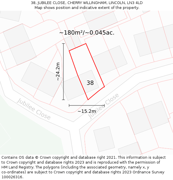 38, JUBILEE CLOSE, CHERRY WILLINGHAM, LINCOLN, LN3 4LD: Plot and title map