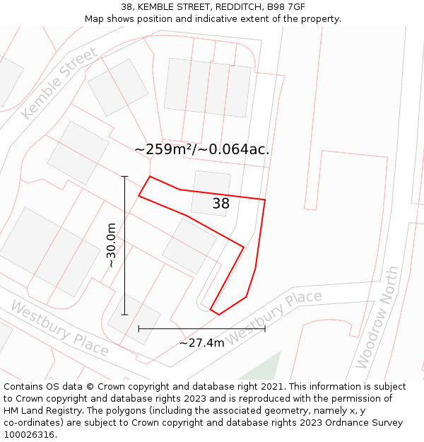 38, KEMBLE STREET, REDDITCH, B98 7GF: Plot and title map