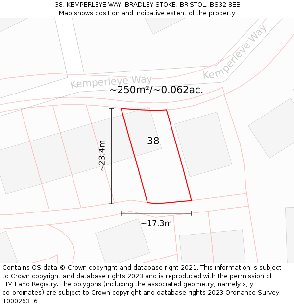 38, KEMPERLEYE WAY, BRADLEY STOKE, BRISTOL, BS32 8EB: Plot and title map