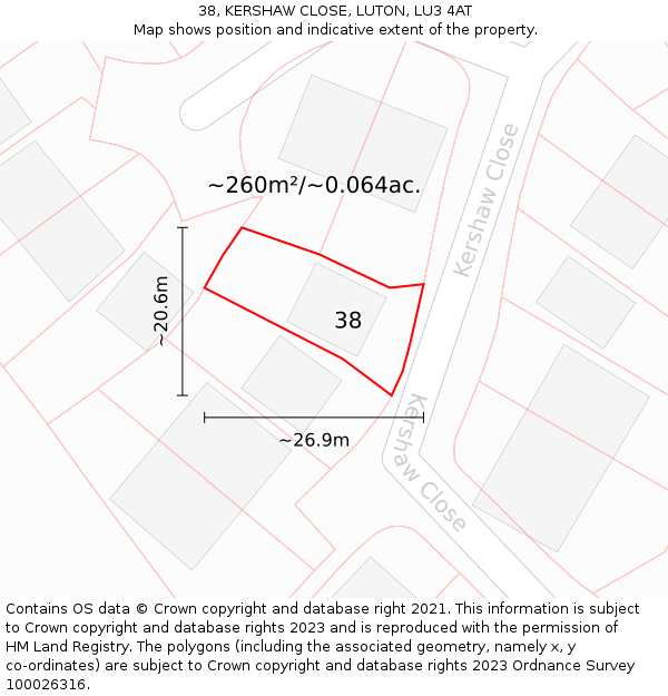 38, KERSHAW CLOSE, LUTON, LU3 4AT: Plot and title map