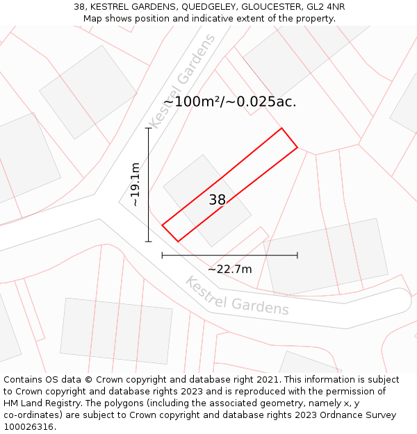38, KESTREL GARDENS, QUEDGELEY, GLOUCESTER, GL2 4NR: Plot and title map