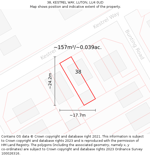 38, KESTREL WAY, LUTON, LU4 0UD: Plot and title map