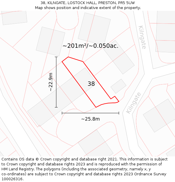 38, KILNGATE, LOSTOCK HALL, PRESTON, PR5 5UW: Plot and title map