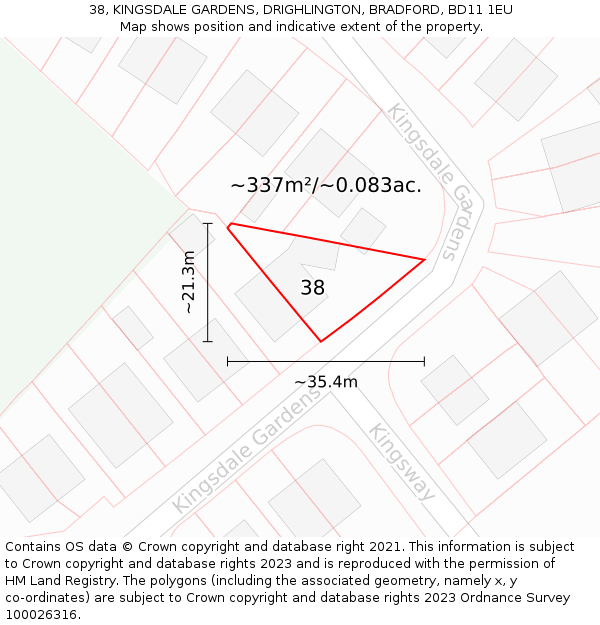 38, KINGSDALE GARDENS, DRIGHLINGTON, BRADFORD, BD11 1EU: Plot and title map