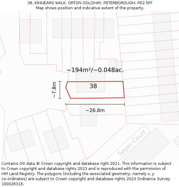 38, KINNEARS WALK, ORTON GOLDHAY, PETERBOROUGH, PE2 5FF: Plot and title map