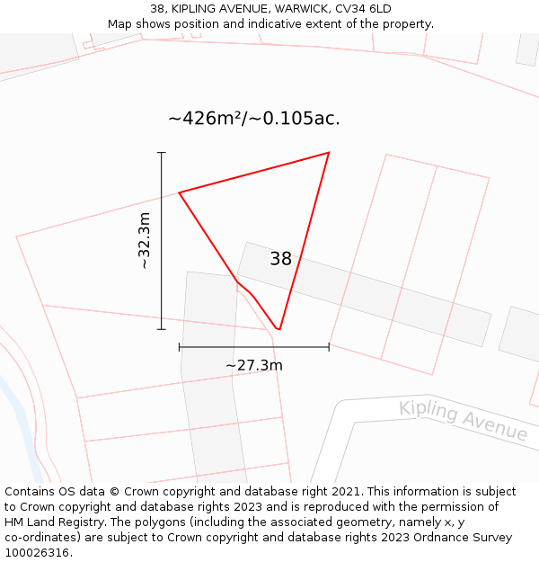 38, KIPLING AVENUE, WARWICK, CV34 6LD: Plot and title map