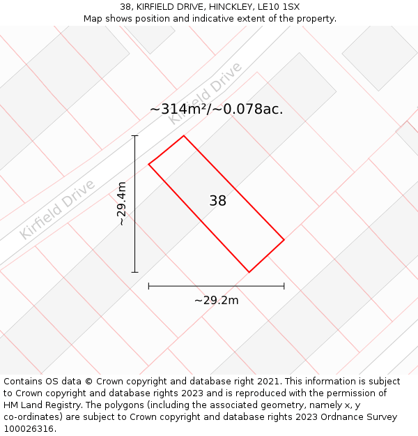 38, KIRFIELD DRIVE, HINCKLEY, LE10 1SX: Plot and title map