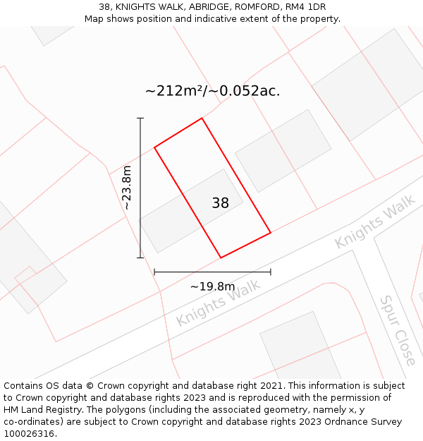 38, KNIGHTS WALK, ABRIDGE, ROMFORD, RM4 1DR: Plot and title map