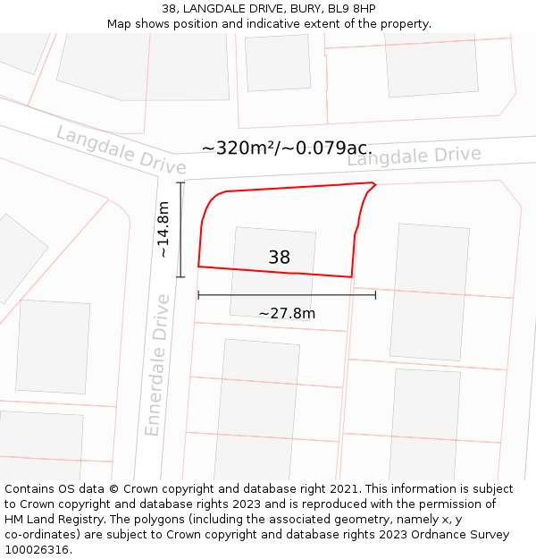 38, LANGDALE DRIVE, BURY, BL9 8HP: Plot and title map