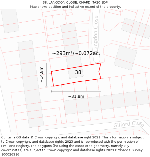 38, LANGDON CLOSE, CHARD, TA20 1DP: Plot and title map