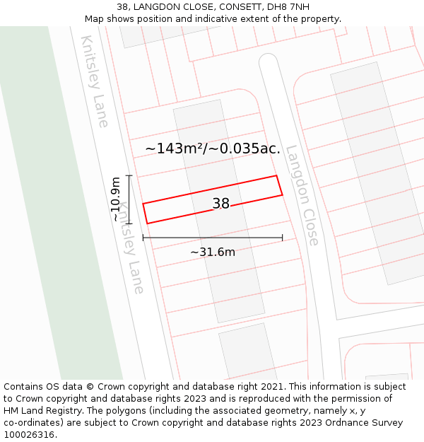 38, LANGDON CLOSE, CONSETT, DH8 7NH: Plot and title map