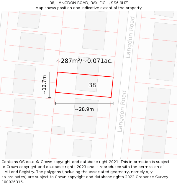 38, LANGDON ROAD, RAYLEIGH, SS6 9HZ: Plot and title map