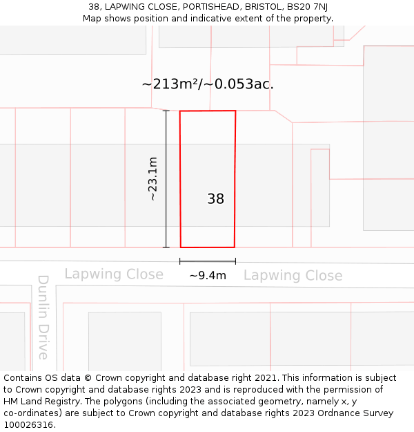 38, LAPWING CLOSE, PORTISHEAD, BRISTOL, BS20 7NJ: Plot and title map