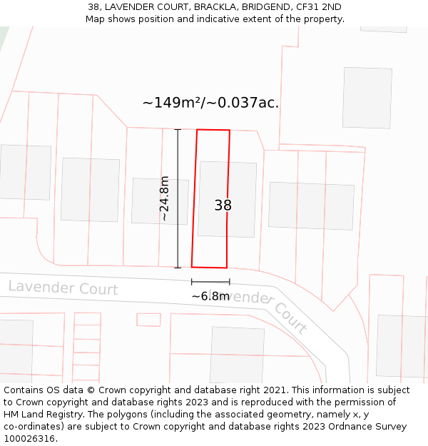 38, LAVENDER COURT, BRACKLA, BRIDGEND, CF31 2ND: Plot and title map