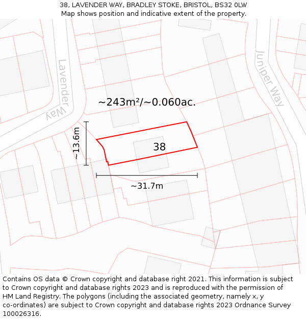 38, LAVENDER WAY, BRADLEY STOKE, BRISTOL, BS32 0LW: Plot and title map