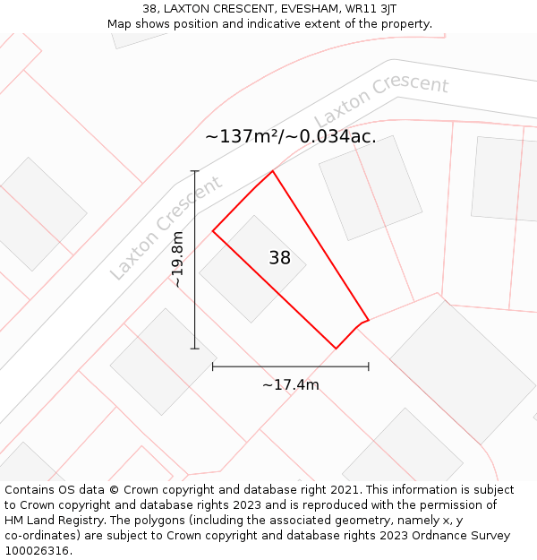 38, LAXTON CRESCENT, EVESHAM, WR11 3JT: Plot and title map