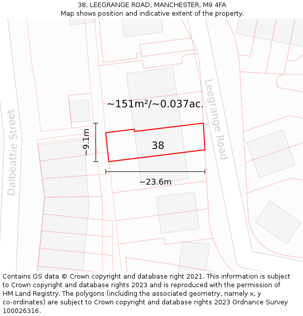 38, LEEGRANGE ROAD, MANCHESTER, M9 4FA: Plot and title map