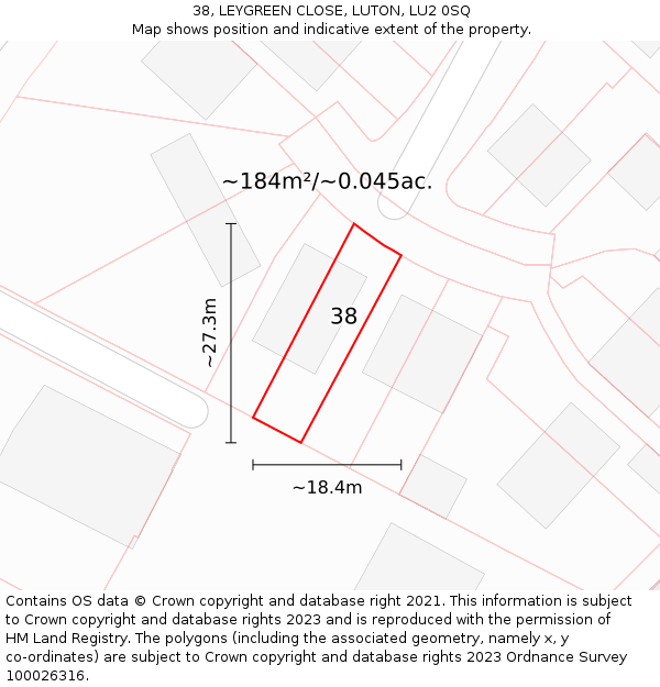 38, LEYGREEN CLOSE, LUTON, LU2 0SQ: Plot and title map
