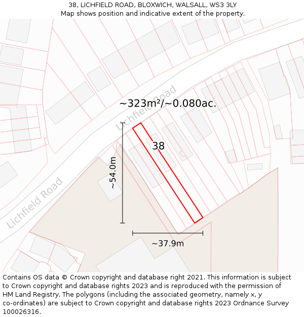 38, LICHFIELD ROAD, BLOXWICH, WALSALL, WS3 3LY: Plot and title map