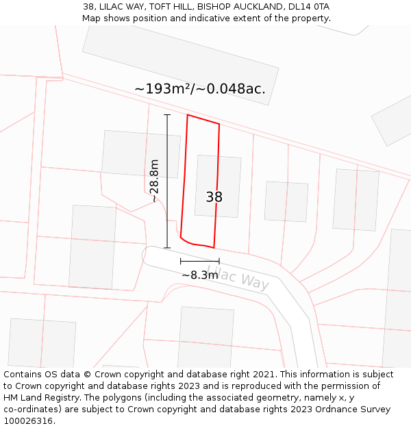 38, LILAC WAY, TOFT HILL, BISHOP AUCKLAND, DL14 0TA: Plot and title map