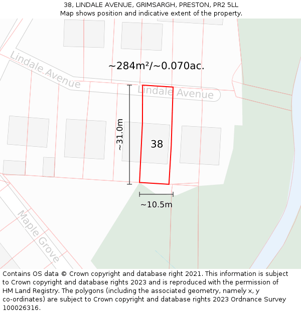38, LINDALE AVENUE, GRIMSARGH, PRESTON, PR2 5LL: Plot and title map