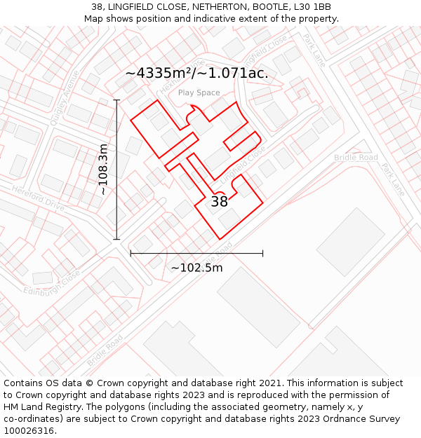 38, LINGFIELD CLOSE, NETHERTON, BOOTLE, L30 1BB: Plot and title map