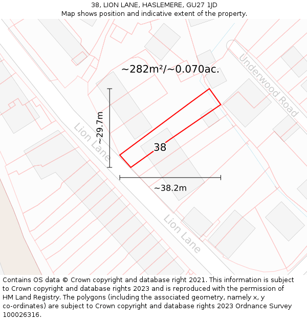 38, LION LANE, HASLEMERE, GU27 1JD: Plot and title map
