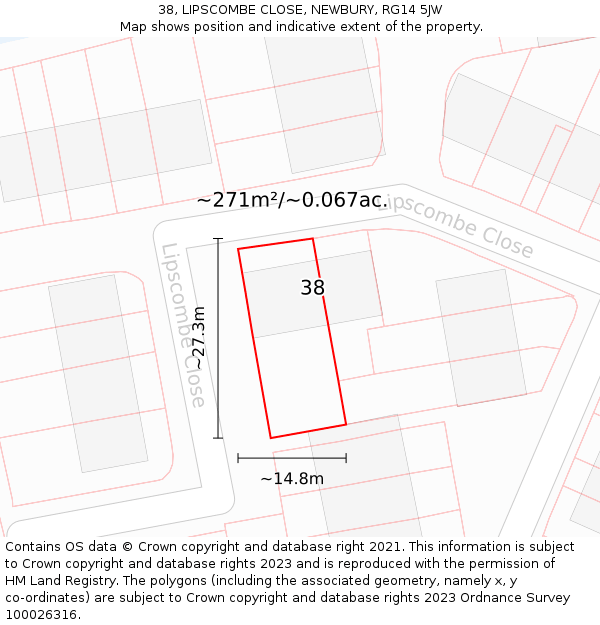 38, LIPSCOMBE CLOSE, NEWBURY, RG14 5JW: Plot and title map