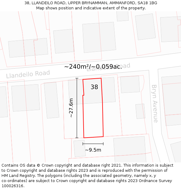 38, LLANDEILO ROAD, UPPER BRYNAMMAN, AMMANFORD, SA18 1BG: Plot and title map