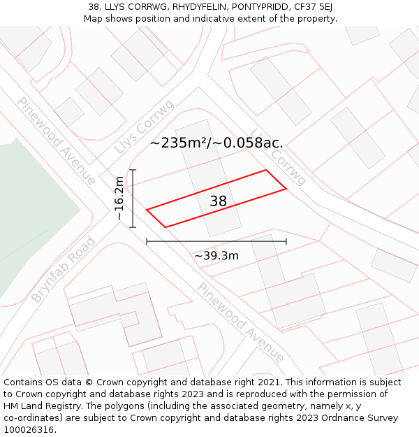 38, LLYS CORRWG, RHYDYFELIN, PONTYPRIDD, CF37 5EJ: Plot and title map
