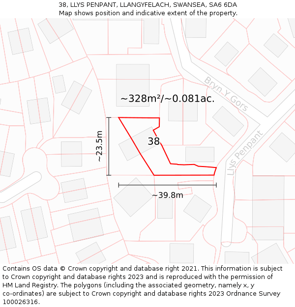 38, LLYS PENPANT, LLANGYFELACH, SWANSEA, SA6 6DA: Plot and title map